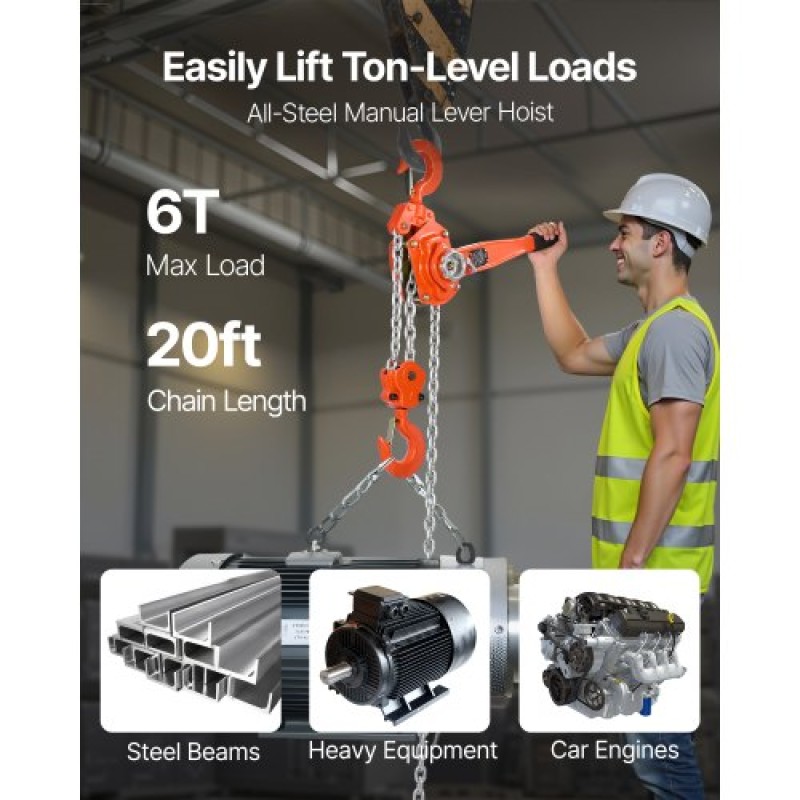 VEVOR Manual Lever Chain Hoist, 6T 6000KG Capacity Heavy Duty Come Along, 6M Lift G80 Alloy Steel Chain with Dual Pawl Mechanical Brake, 360° Rotating Hog, for Warage Construction Garage