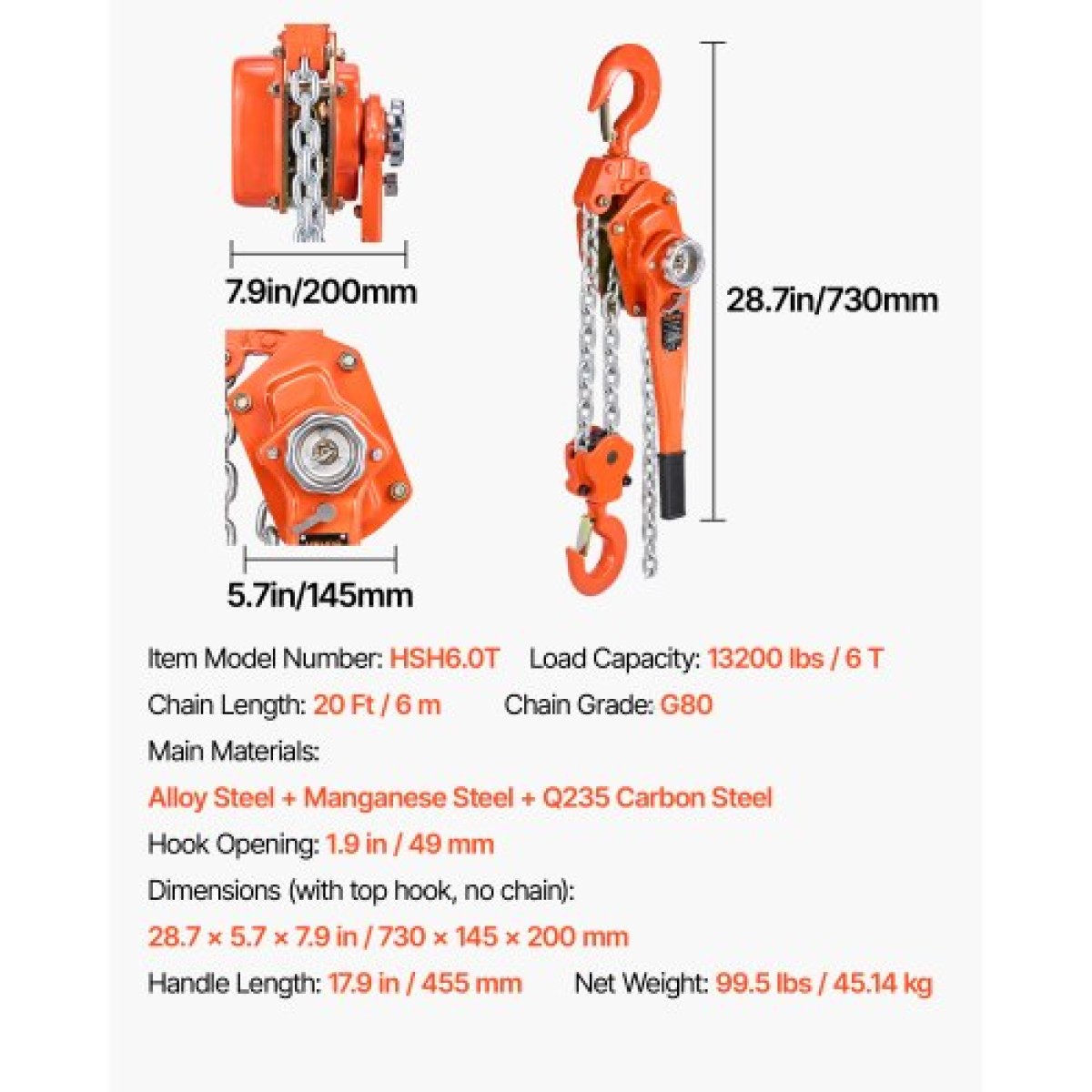 VEVOR Manual Lever Chain Hoist, 6T 6000KG Capacity Heavy Duty Come Along, 6M Lift G80 Alloy Steel Chain with Dual Pawl Mechanical Brake, 360° Rotating Hog, for Warage Construction Garage