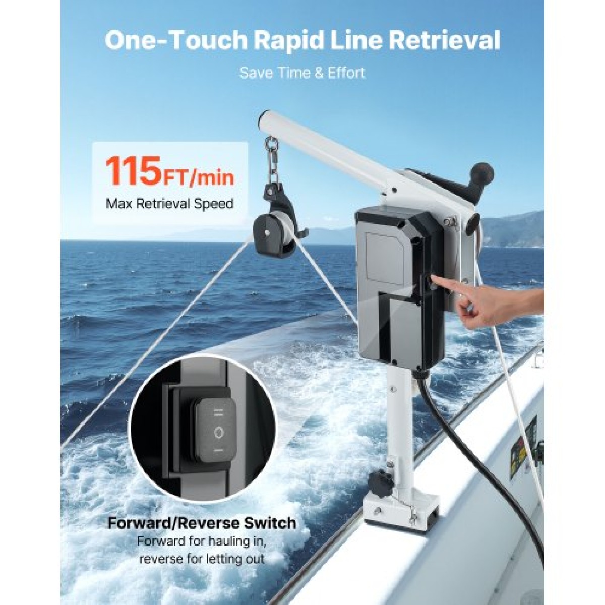 VEVOR Line Hauler Pot Puller, 12V DC 1200W, Line Hauler Winch Hold χωρητικότητας 90 kg ανύψωσης, Ταχύτητα γραμμής 35 m/min, 360° Περιστροφή & ανθεκτικό στη διάβρωση, Crab Pot Puller για παγίδες καβουριών, γαρίδων, αστακού