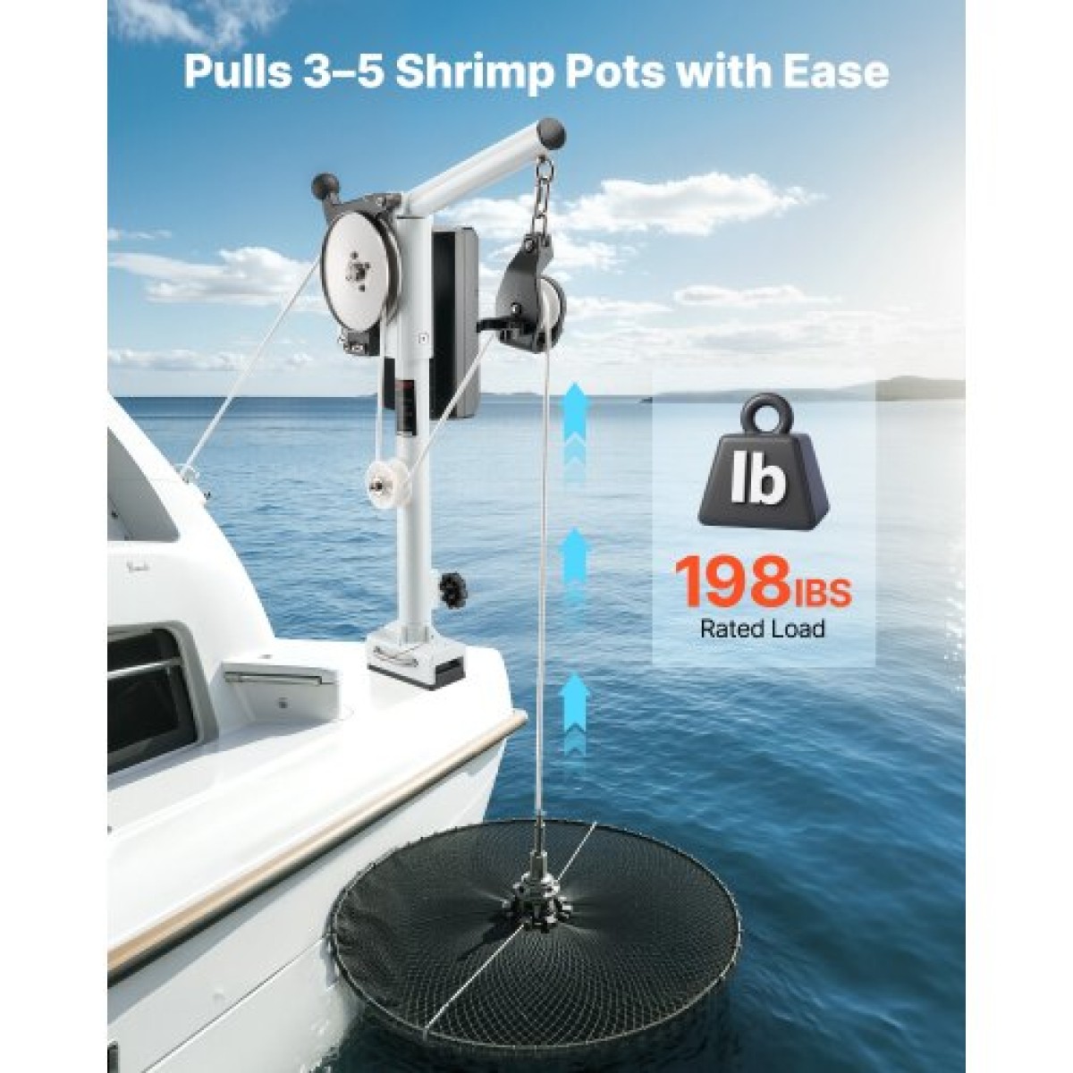 VEVOR Line Hauler Pot Puller, 12V DC 1200W, Line Hauler Winch Hold χωρητικότητας 90 kg ανύψωσης, Ταχύτητα γραμμής 35 m/min, 360° Περιστροφή & ανθεκτικό στη διάβρωση, Crab Pot Puller για παγίδες καβουριών, γαρίδων, αστακού