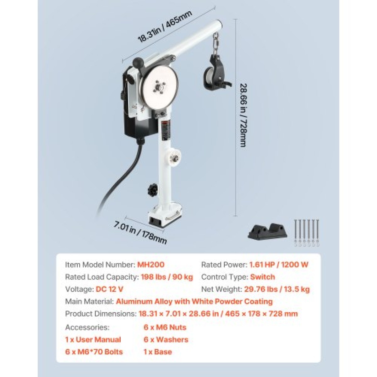 VEVOR Line Hauler Pot Puller, 12V DC 1200W, Line Hauler Winch Hold χωρητικότητας 90 kg ανύψωσης, Ταχύτητα γραμμής 35 m/min, 360° Περιστροφή & ανθεκτικό στη διάβρωση, Crab Pot Puller για παγίδες καβουριών, γαρίδων, αστακού