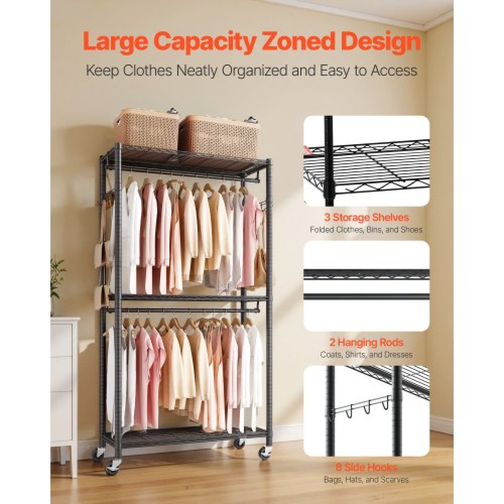 VEVOR Rolling Clothes Rack, Heavy Duty Clothing Rack, Racks 3 Ρυθμιζόμενες Επίπεδες με ανθρακούχο χάλυβα, 204 kg Χωρητικότητα φόρτωσης Ντουλάπα Ντουλάπα για Υπνοδωμάτιο, Κατάστημα ρούχων, Διάδρομος