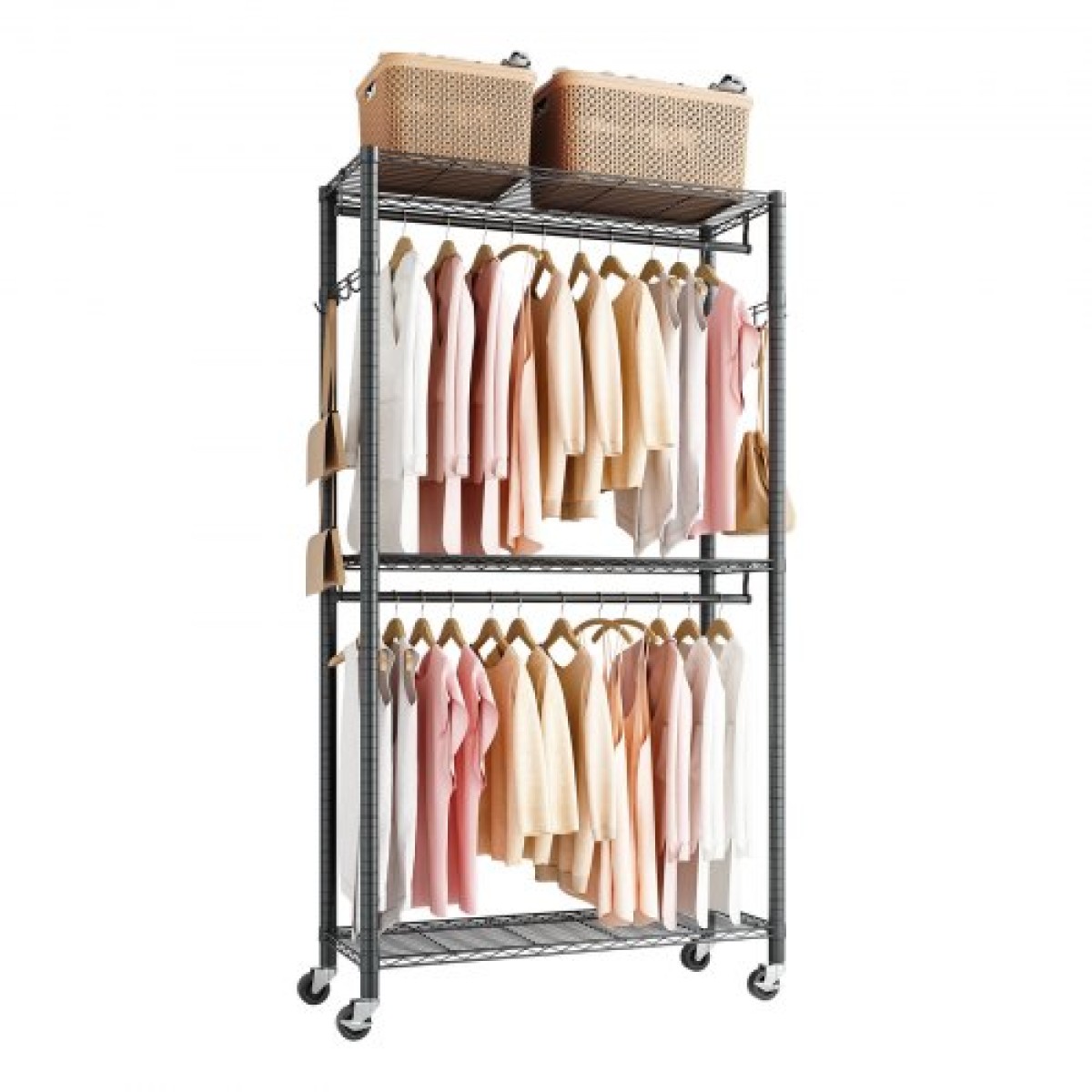 VEVOR Rolling Clothes Rack, Heavy Duty Clothing Rack, Racks 3 Ρυθμιζόμενες Επίπεδες με ανθρακούχο χάλυβα, 204 kg Χωρητικότητα φόρτωσης Ντουλάπα Ντουλάπα για Υπνοδωμάτιο, Κατάστημα ρούχων, Διάδρομος