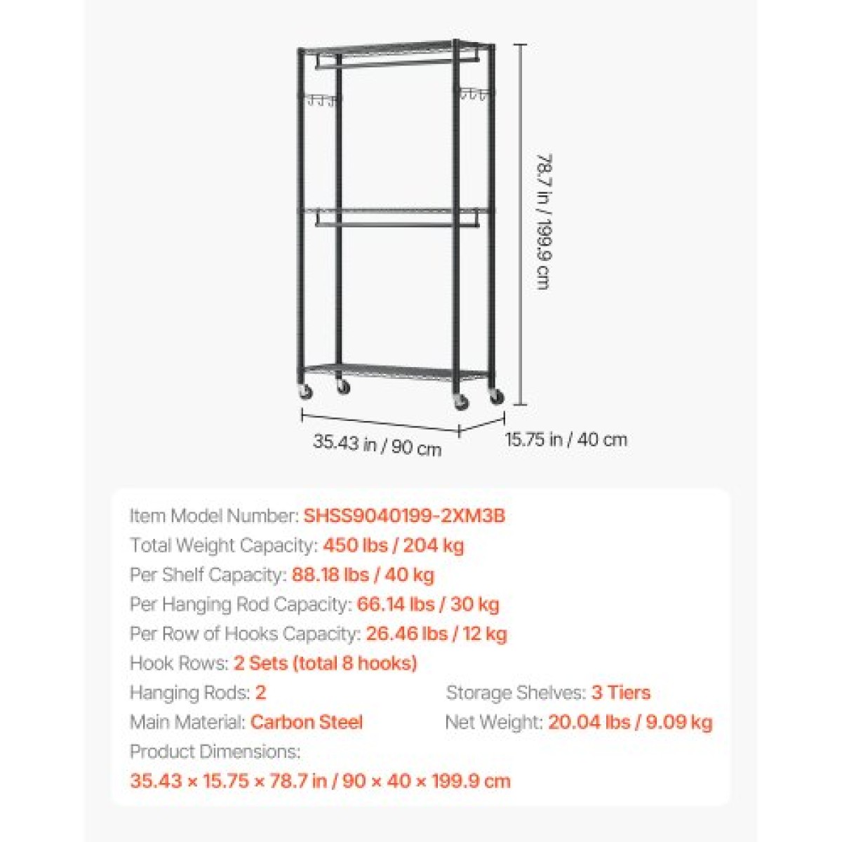 VEVOR Rolling Clothes Rack, Heavy Duty Clothing Rack, Racks 3 Ρυθμιζόμενες Επίπεδες με ανθρακούχο χάλυβα, 204 kg Χωρητικότητα φόρτωσης Ντουλάπα Ντουλάπα για Υπνοδωμάτιο, Κατάστημα ρούχων, Διάδρομος