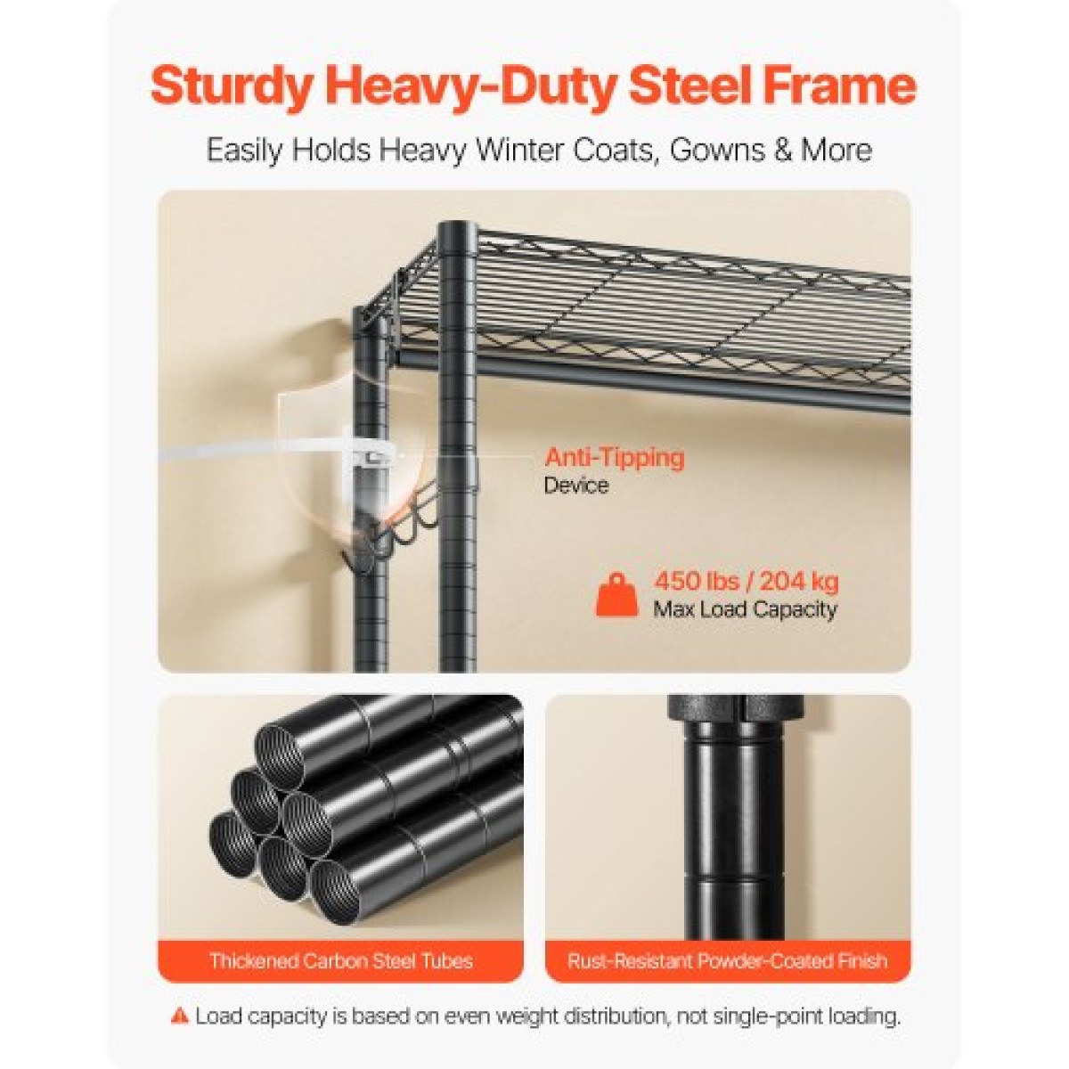 VEVOR Rolling Clothes Rack, Heavy Duty Clothing Rack, Racks 3 Ρυθμιζόμενες Επίπεδες με ανθρακούχο χάλυβα, 204 kg Χωρητικότητα φόρτωσης Ντουλάπα Ντουλάπα για Υπνοδωμάτιο, Κατάστημα ρούχων, Διάδρομος
