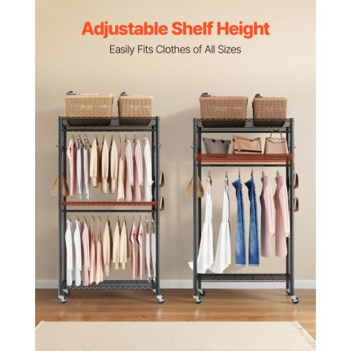 VEVOR Rolling Clothes Rack, Heavy Duty Clothing Rack, Racks 3 Ρυθμιζόμενες Επίπεδες με ανθρακούχο χάλυβα, 204 kg Χωρητικότητα φόρτωσης Ντουλάπα Ντουλάπα για Υπνοδωμάτιο, Κατάστημα ρούχων, Διάδρομος