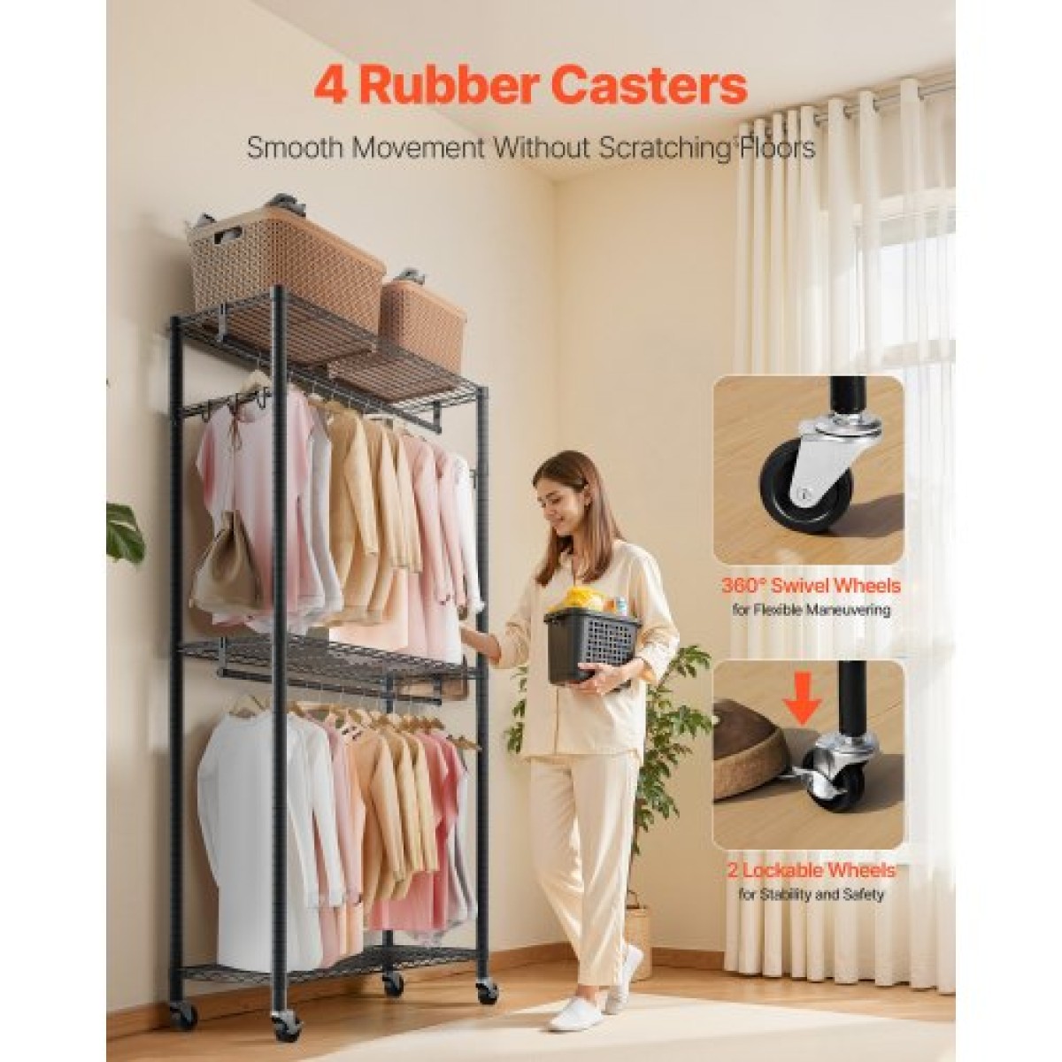 VEVOR Rolling Clothes Rack, Heavy Duty Clothing Rack, Racks 3 Ρυθμιζόμενες Επίπεδες με ανθρακούχο χάλυβα, 204 kg Χωρητικότητα φόρτωσης Ντουλάπα Ντουλάπα για Υπνοδωμάτιο, Κατάστημα ρούχων, Διάδρομος