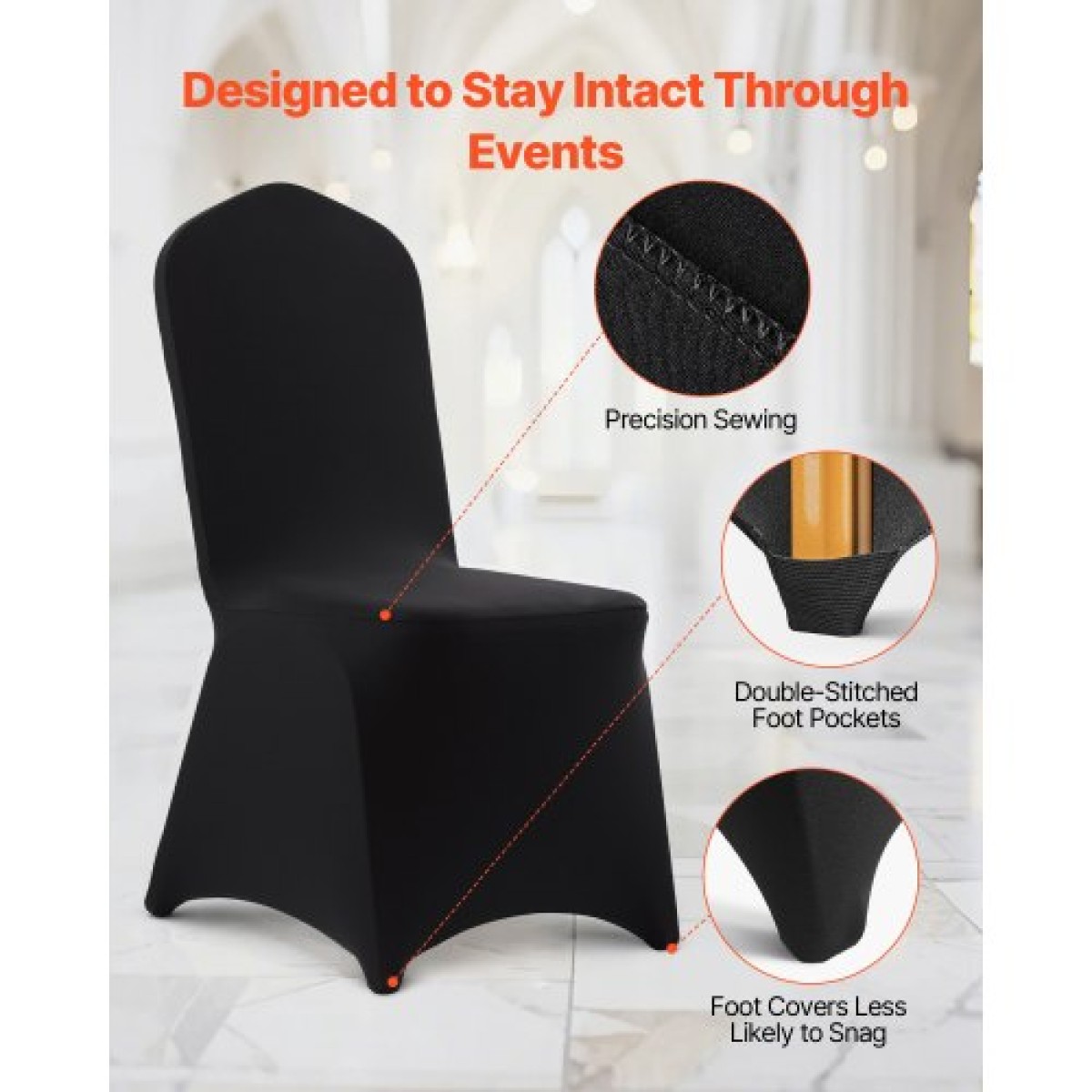 VEVOR 100 Pcs Μαύρα καλύμματα καρέκλας, κάλυμμα πολυεστέρα Spandex για καρέκλα, Stretch slipcovers για δείπνο σε δείπνο σε γαμήλια πάρτι, Πλατεία μπροστινά καλύμματα καρέκλας, Ταιριάζει σε διαστάσεις καρέκλας έως 20,08 x 17,72 x 37,4 ίντσες