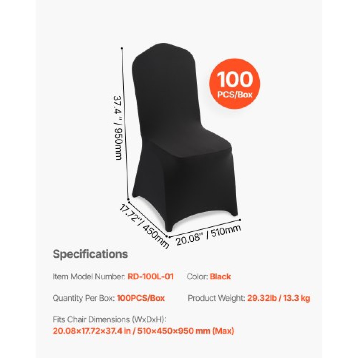 VEVOR 100 Pcs Μαύρα καλύμματα καρέκλας, κάλυμμα πολυεστέρα Spandex για καρέκλα, Stretch slipcovers για δείπνο σε δείπνο σε γαμήλια πάρτι, Πλατεία μπροστινά καλύμματα καρέκλας, Ταιριάζει σε διαστάσεις καρέκλας έως 20,08 x 17,72 x 37,4 ίντσες