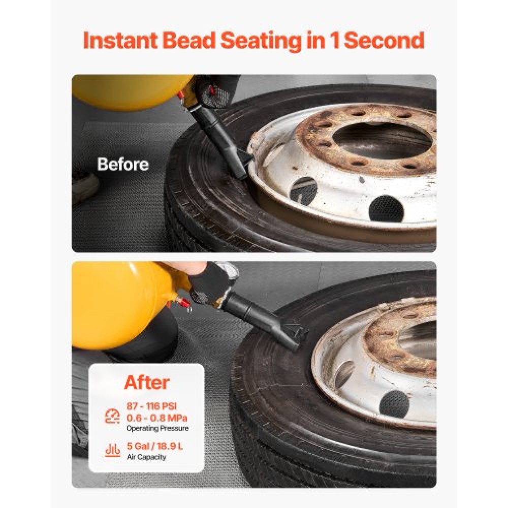 VEVOR Air Tire Bead Seat, 5 Gal / 18,9 L, Heavy Duty Tire Bead Blaster Tool, 87-116 PSI Πίεση λειτουργίας, φουσκωτό καθίσματος Air Trigger για Pickup, Truck, ATV, Jeep, Van, Lawn Tractor, RV, Yellow