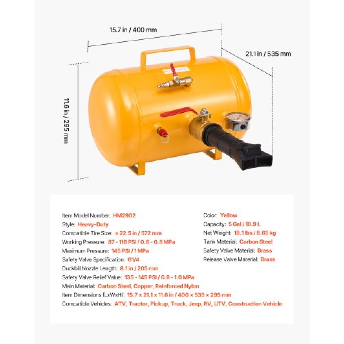 VEVOR Air Tire Bead Seat, 5 Gal / 18,9 L, Heavy Duty Tire Bead Blaster Tool, 87-116 PSI Πίεση λειτουργίας, φουσκωτό καθίσματος Air Trigger για Pickup, Truck, ATV, Jeep, Van, Lawn Tractor, RV, Yellow