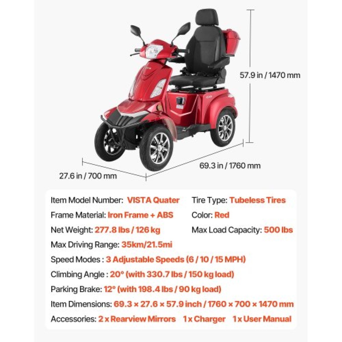 VEVOR Heavy Duty 4-Wheel Mobility Scooter για ηλικιωμένους και ενήλικες, χωρητικότητα 500 lbs, 35 KM 3-ταχύτητα μεγάλης εμβέλειας, 1000W παντός εδάφους ηλεκτρικό αναπηρικό σκούτερ αναψυχής, μέγιστη ικανότητα αναρρίχησης 20°