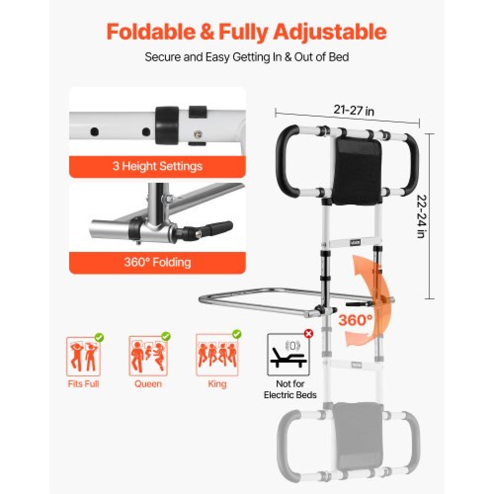 VEVOR Bed Rail for Elderly, Foldable & Extendable Bedside Assist Rail with Side Handles & PU Handrail, Adjustable Height Carbon Steel Pipe Bedside Cane, Senior Bed Bar Fits King, Queen, Full, Twin