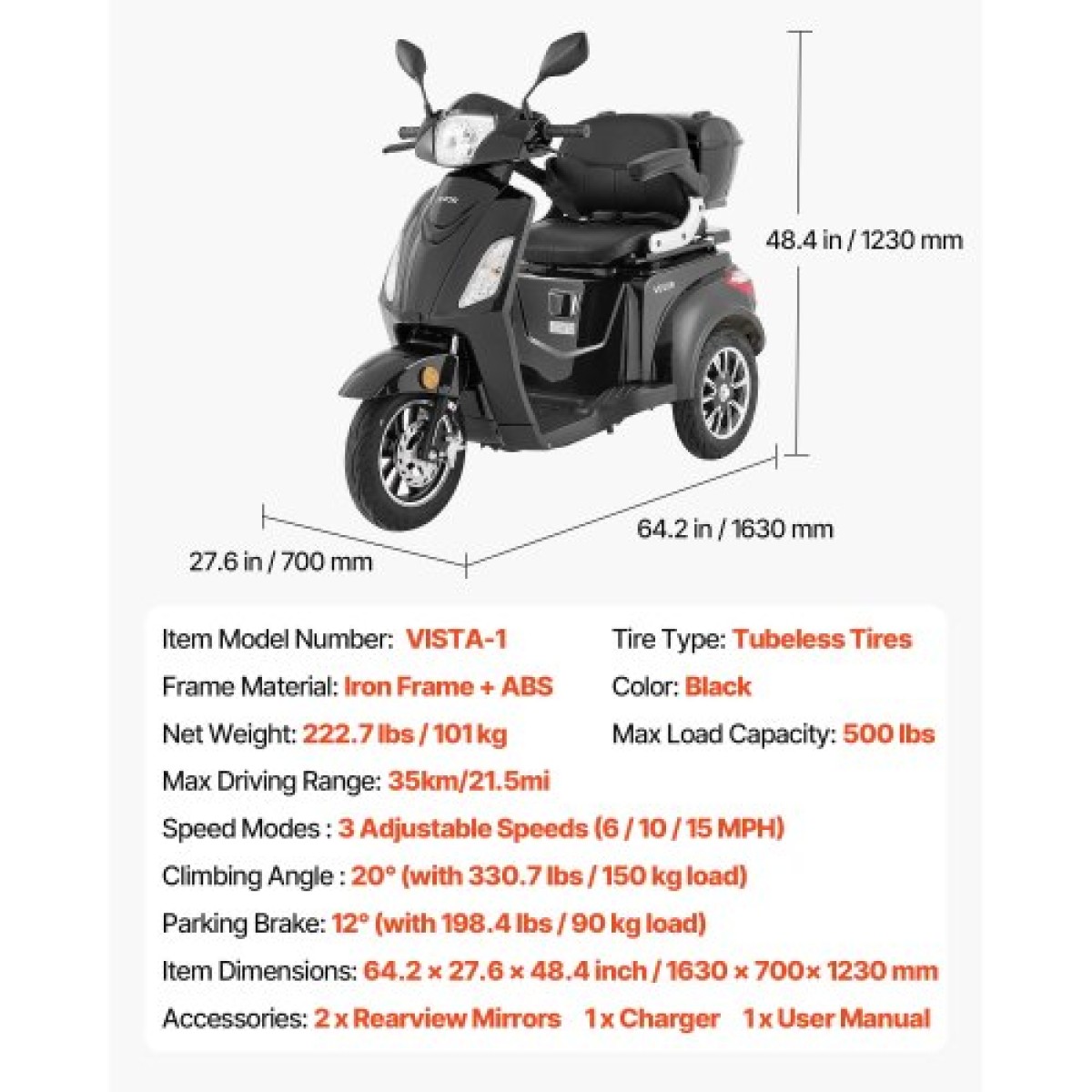 VEVOR Heavy Duty 3-Wheel Mobility Scooter για ηλικιωμένους και ενήλικες, χωρητικότητα 500 lbs, 35 KM 3-ταχύτητα μεγάλης εμβέλειας, 1000W παντός εδάφους ηλεκτρικό αναπηρικό σκούτερ αναψυχής, μέγιστη ικανότητα αναρρίχησης 20°