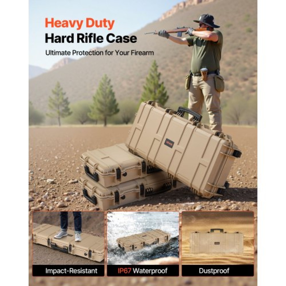 Θήκη σκληρού τυφεκίου VEVOR, Θήκη τυφεκίου με δυνατότητα κλειδώματος με προκομμένους αφρούς 4 στρωμάτων, 97,8 εκ. Αποθήκευση πιστολιού με ρόδες, αδιάβροχες και αδιάβροχες θήκες πιστολιών IP67 για τουφέκια, κυνηγετικά όπλα, πιστόλια Airsoft, Χακί