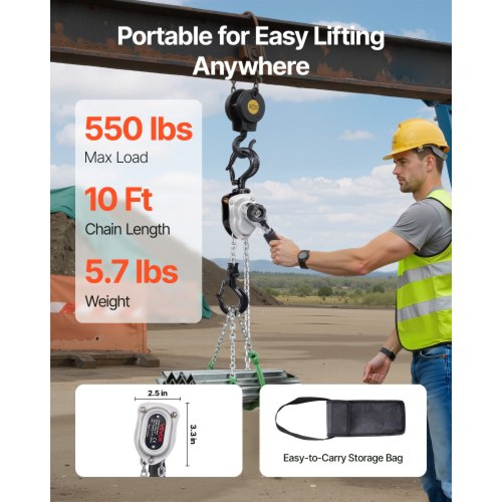 VEVOR Manual Lever Chain Hoist, 1/4T 250KG Capacity Heavy Duty Come Along, 3M Lift G80 Alloy Steel Chain With Dual Pawl Mechanical Brake, 360° Rotating Hooks, for Warehouse Construction Garage