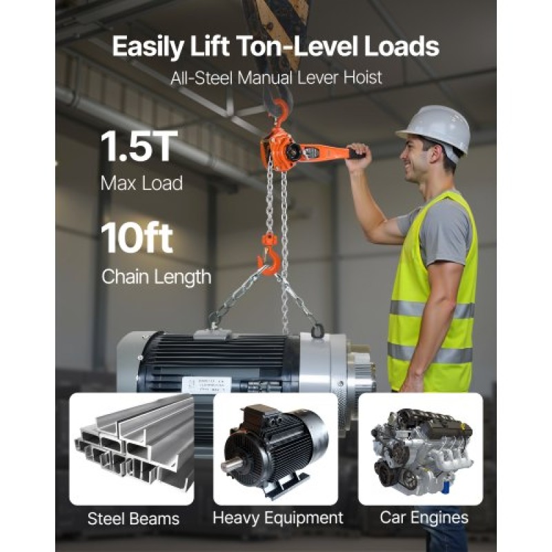 VEVOR Manual Lever Chain Hoist, 1-1/2T 1500KG Capacity Heavy Duty Come Along, 3M Lift G80 Alloy Steel Chain with Dual Pawl Mechanical Brake, 360° Rotating Hog, for Warage Construction Garage