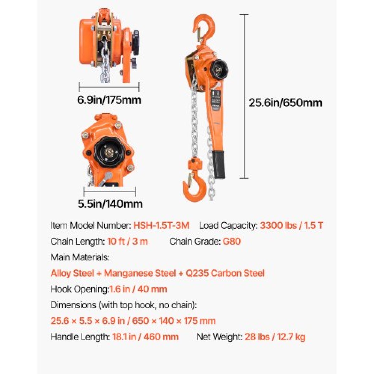 VEVOR Manual Lever Chain Hoist, 1-1/2T 1500KG Capacity Heavy Duty Come Along, 3M Lift G80 Alloy Steel Chain with Dual Pawl Mechanical Brake, 360° Rotating Hog, for Warage Construction Garage