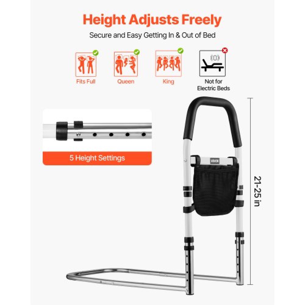 VEVOR Bed Rail for Elderly, Bedside Assist Rails with PU Handrail, Adjustable Height Pipe Bedside Cane, High-Strength Carbon Steel Bed Bars for Seniors & Patients, Fits King, Queen, Full, Twin