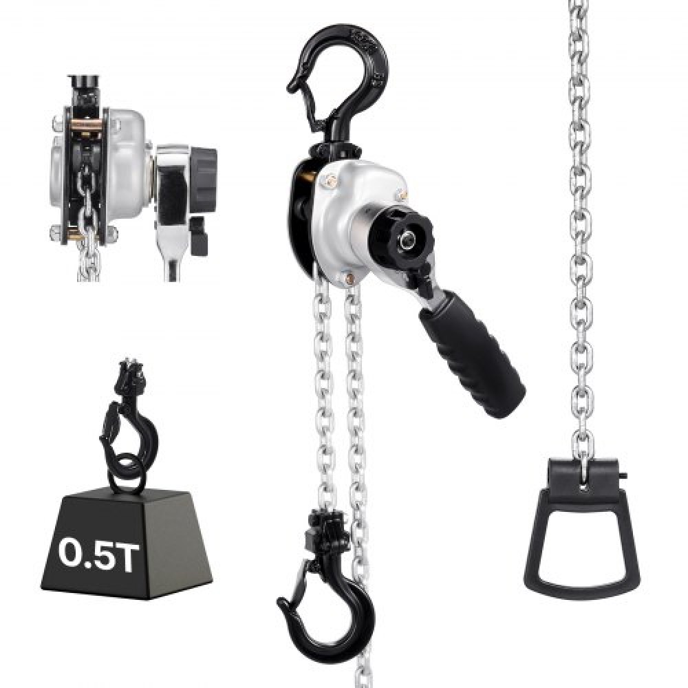 VEVOR Manual Lever Chain Hoist, 1/2T 500KG Capacity Heavy Duty Come Along, 1.5M Lift G80 Alloy Steel Chain With Dual Pawl Mechanical Brake, 360° Rotating Hooks, for Warehouse Construction Garage