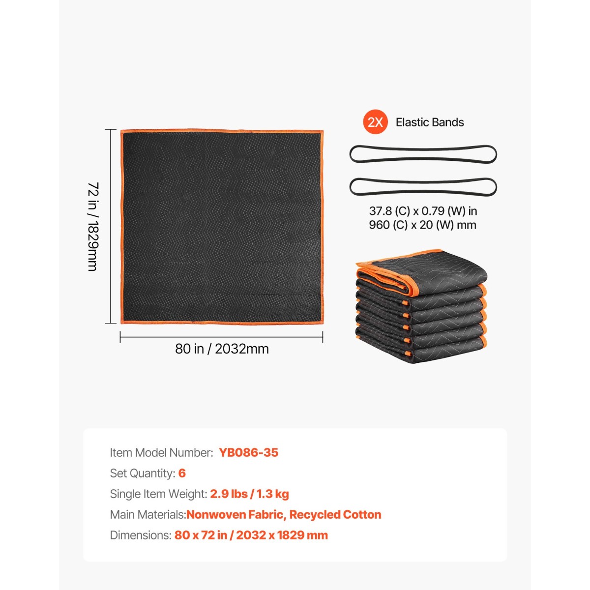 Κινούμενες κουβέρτες VEVOR 6 τμχ, 2032 x 1829 mm (15,9 kg/dz) Μεγάλες κουβέρτες συσκευασίας με βαμβακερή γέμιση, βαρέως τύπου μη υφαντό ύφασμα με επένδυση κινούμενη κουβέρτα για αποστολή, τύλιγμα, προστατευτικά έπιπλα
