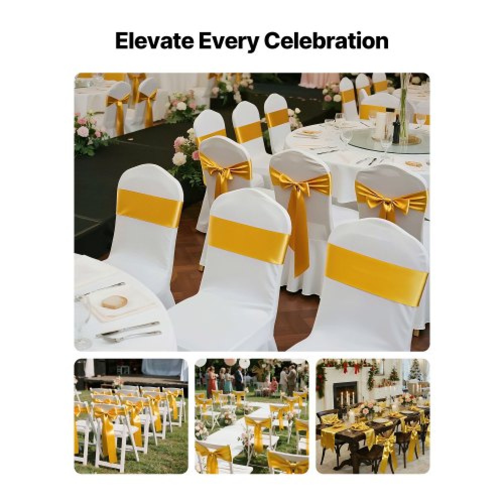 VEVOR Satin Chair Sashes Φιόγκοι, 100 τμχ. Κορδέλα καρέκλας, 7 x 108 ίντσες, χρυσή διακόσμηση δεξίωσης γάμου, για εκδηλώσεις γάμου Baby Shower Party Events Διακοσμητικό κάλυμμα καρέκλας δεξιώσεων