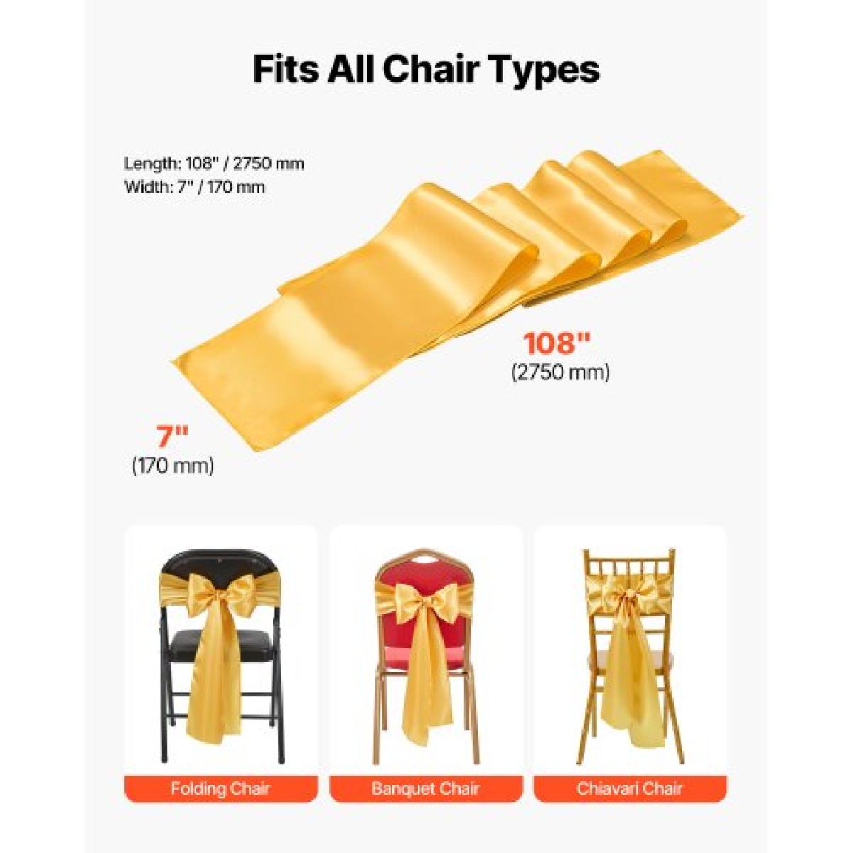 VEVOR Satin Chair Sashes Φιόγκοι, 100 τμχ. Κορδέλα καρέκλας, 7 x 108 ίντσες, χρυσή διακόσμηση δεξίωσης γάμου, για εκδηλώσεις γάμου Baby Shower Party Events Διακοσμητικό κάλυμμα καρέκλας δεξιώσεων