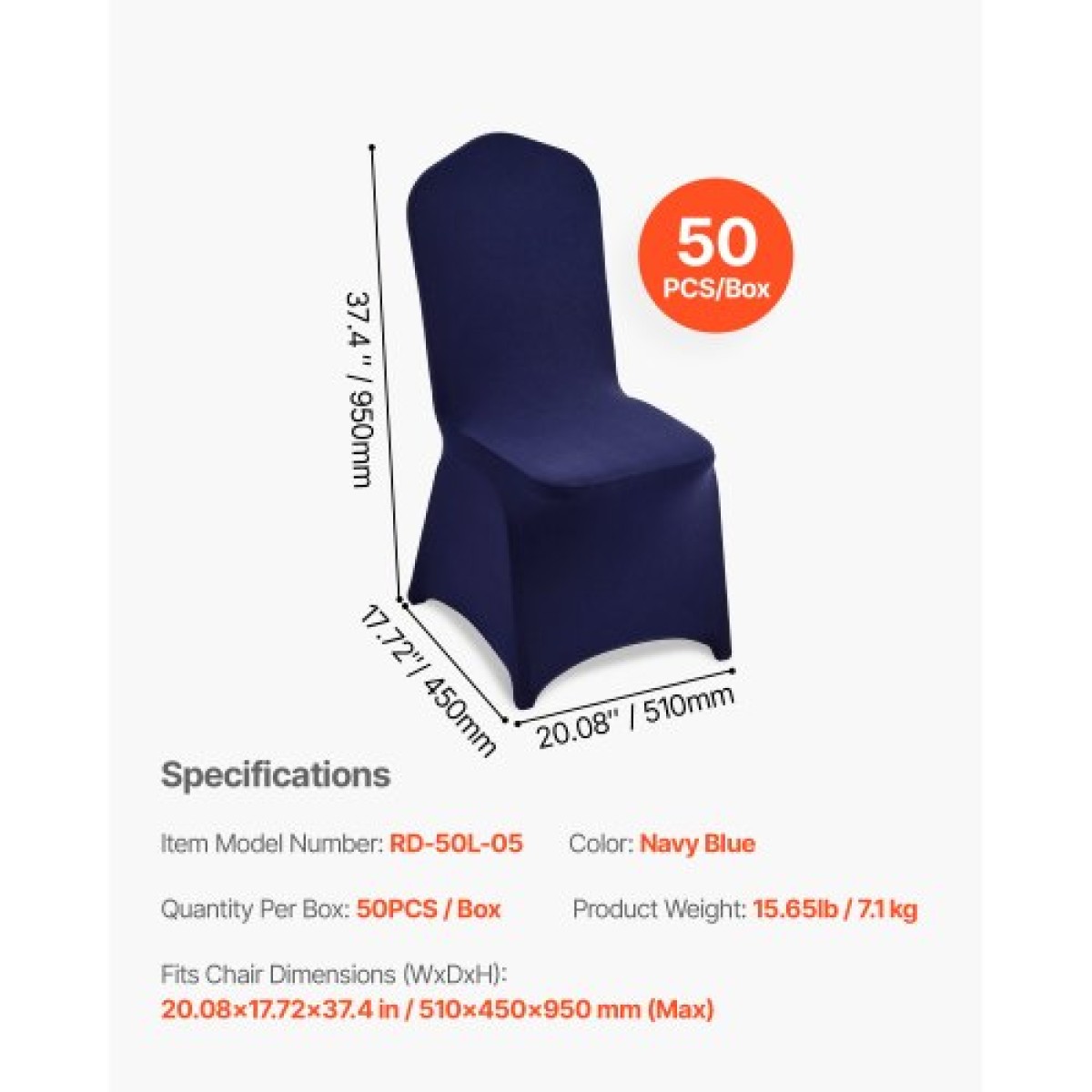 Καλύμματα καρέκλας VEVOR 50 τμχ Navy Blue, κάλυμμα καρέκλας Spandex από πολυεστέρα, Stretch slipcovers για δείπνο σε δείπνο σε γαμήλια πάρτι, Πλατεία μπροστινά καλύμματα καρέκλας, Ταιριάζει σε διαστάσεις καρέκλας έως 20,08 x 17,72 x 37,4 ίντσες