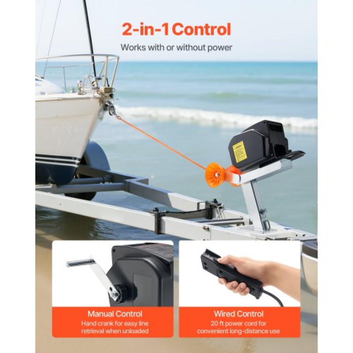 VEVOR Electric Boat Winch, 12V DC 300W, Reversible Electric Trailer Winch για σκάφη έως 900 kg, Power-in, Power-Out και Freewheel Operations για σκάφη με ενσύρματο τηλεχειριστήριο και μανιβέλα χειρός