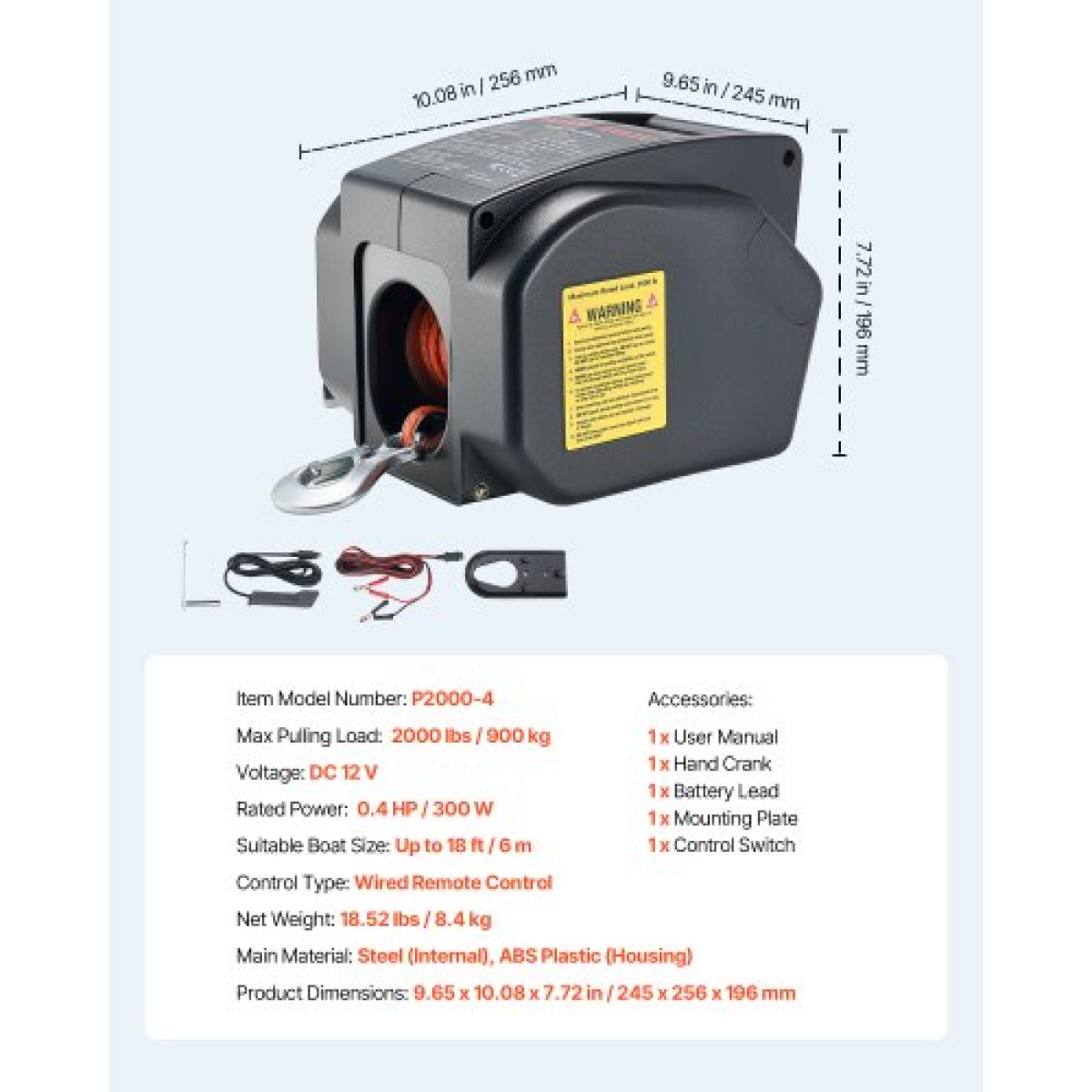 VEVOR Electric Boat Winch, 12V DC 300W, Reversible Electric Trailer Winch για σκάφη έως 900 kg, Power-in, Power-Out και Freewheel Operations για σκάφη με ενσύρματο τηλεχειριστήριο και μανιβέλα χειρός