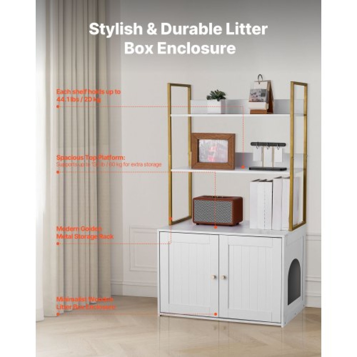 Έπιπλα VEVOR Cat Litter Box Enclosure, 70 cm Κρυφό ντουλάπι απορριμμάτων με μεταλλικά πόδια & ράφια αποθήκευσης 2 επιπέδων, αδιάβροχο λουτρό για γάτες Σπίτι για γάτες, Fit Most of Litterbox, για σαλόνι