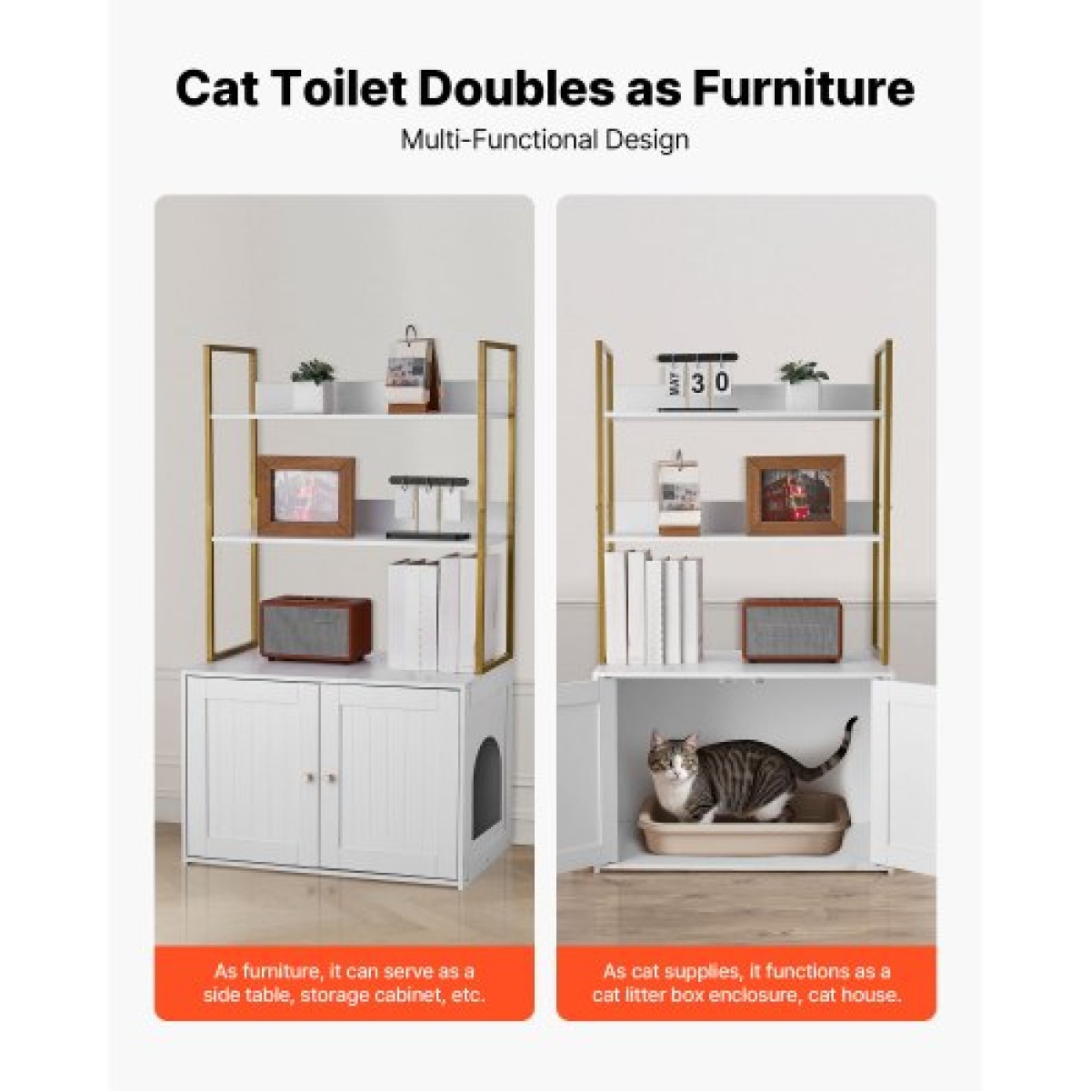 Έπιπλα VEVOR Cat Litter Box Enclosure, 70 cm Κρυφό ντουλάπι απορριμμάτων με μεταλλικά πόδια & ράφια αποθήκευσης 2 επιπέδων, αδιάβροχο λουτρό για γάτες Σπίτι για γάτες, Fit Most of Litterbox, για σαλόνι