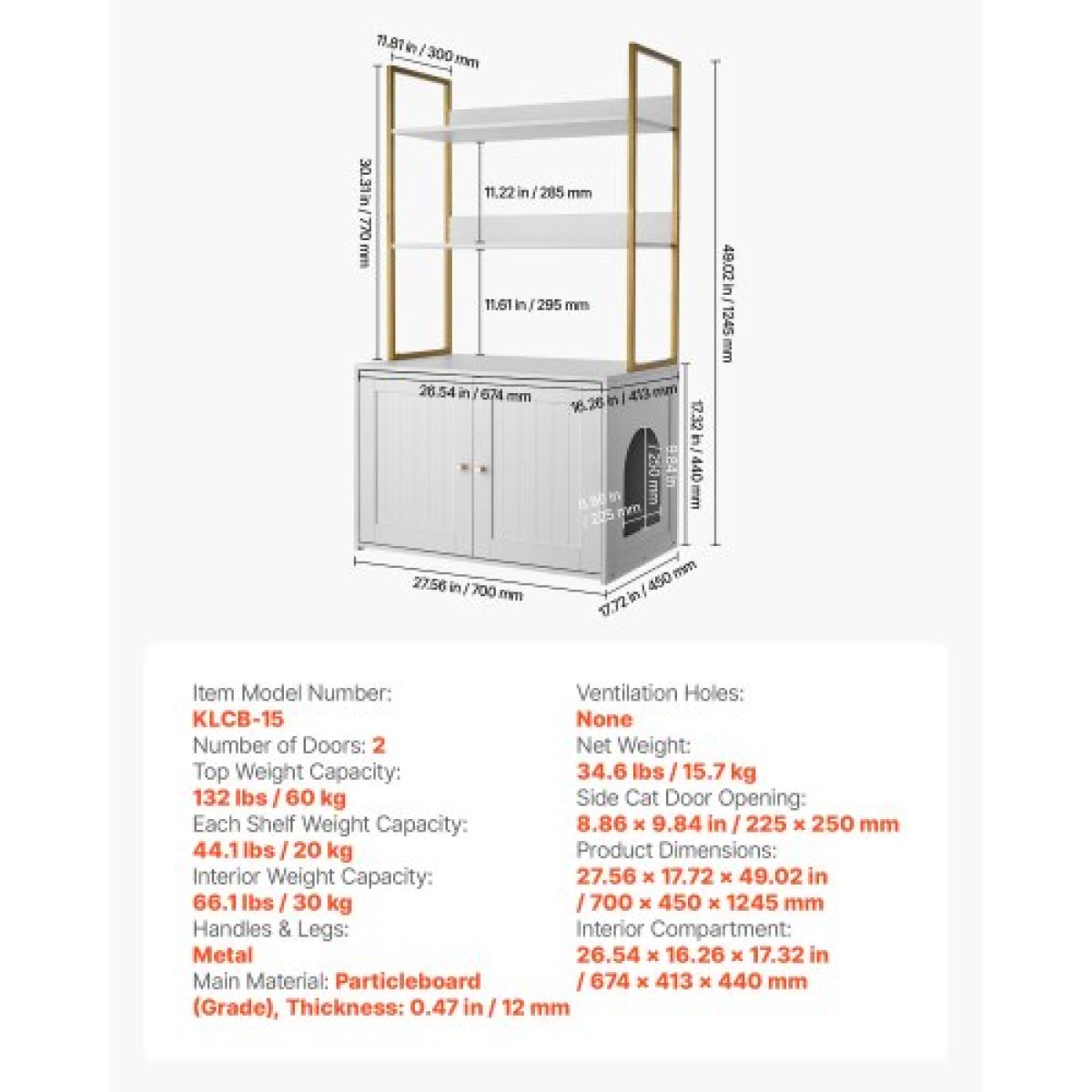 Έπιπλα VEVOR Cat Litter Box Enclosure, 70 cm Κρυφό ντουλάπι απορριμμάτων με μεταλλικά πόδια & ράφια αποθήκευσης 2 επιπέδων, αδιάβροχο λουτρό για γάτες Σπίτι για γάτες, Fit Most of Litterbox, για σαλόνι