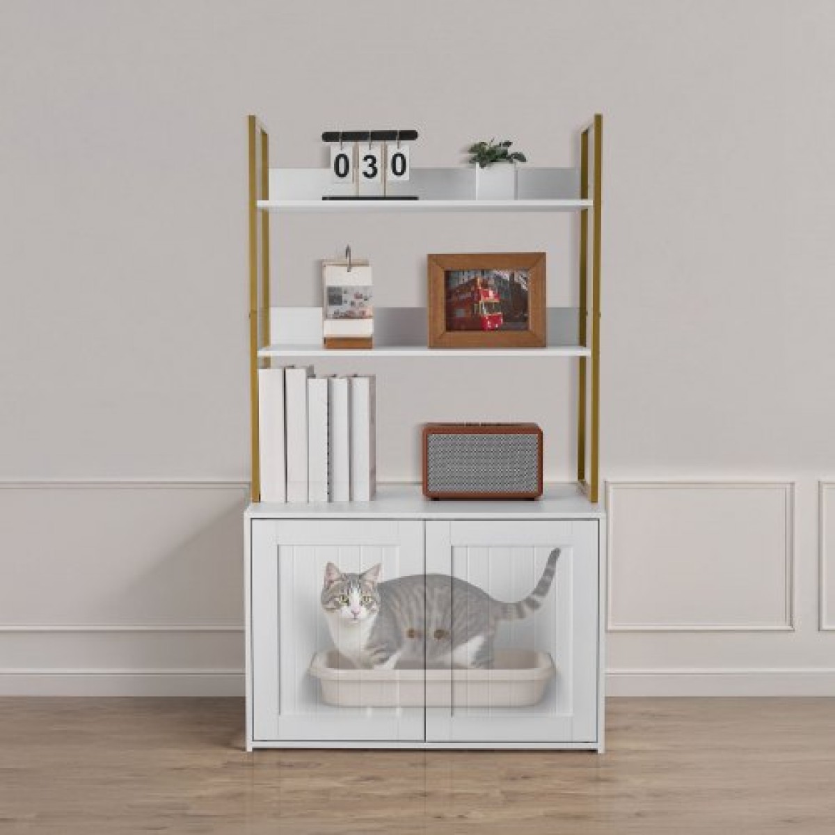 Έπιπλα VEVOR Cat Litter Box Enclosure, 70 cm Κρυφό ντουλάπι απορριμμάτων με μεταλλικά πόδια & ράφια αποθήκευσης 2 επιπέδων, αδιάβροχο λουτρό για γάτες Σπίτι για γάτες, Fit Most of Litterbox, για σαλόνι