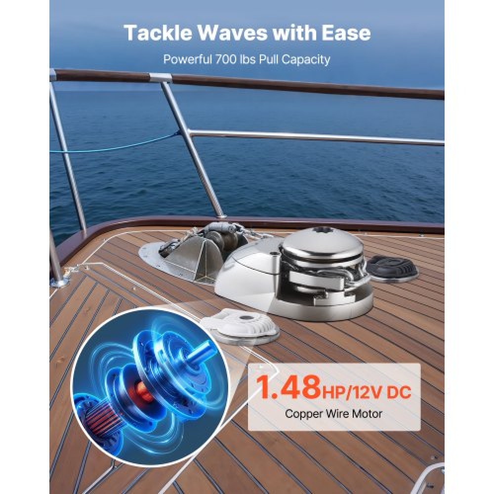 VEVOR Vertical Fishing Windlass, 12V DC 600W, Windlass Anchor Systems Κατάλληλο για 6,35 mm αλυσίδα ή νάιλον σχοινί 14,3 & 15,9 mm, Max Pull 320 kg, 316 Ανοξείδωτη κατασκευή, για σκάφη 6-11 m
