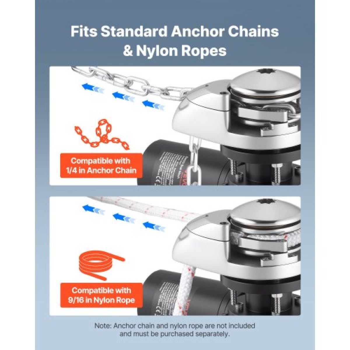 VEVOR Vertical Fishing Windlass, 12V DC 600W, Windlass Anchor Systems Κατάλληλο για 6,35 mm αλυσίδα ή νάιλον σχοινί 14,3 & 15,9 mm, Max Pull 320 kg, 316 Ανοξείδωτη κατασκευή, για σκάφη 6-11 m