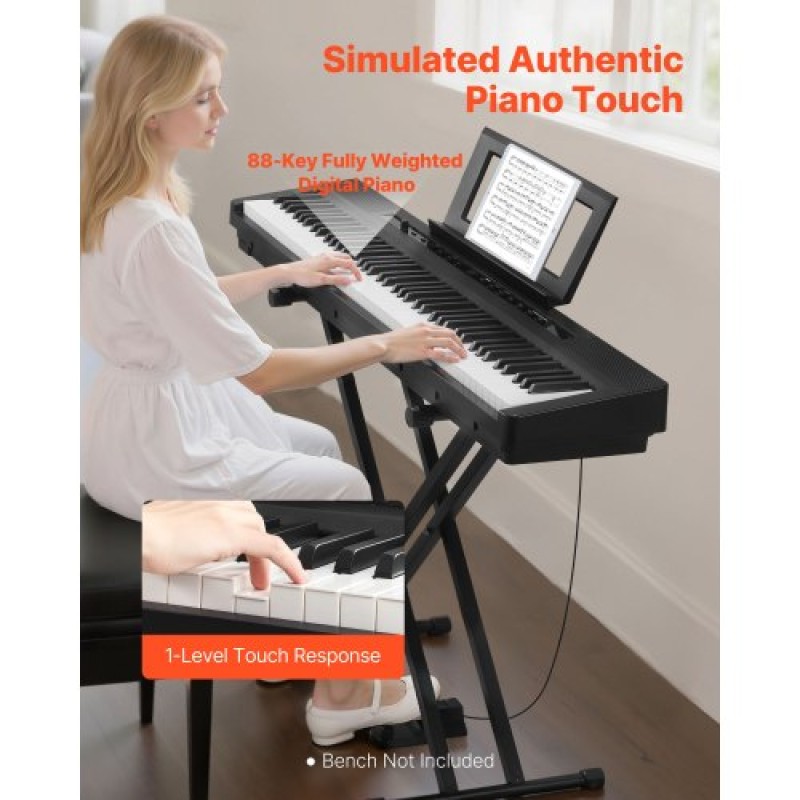 VEVOR Weighted Digital Piano, 88 Πλήκτρα Πλήρως Ζυγισμένο, Ηλεκτρικό Πιάνο Διπλό Πληκτρολόγιο & Ηχεία με X Stand, Sustain Pedal, Λειτουργία εγγραφής, 280 τόνους, Ασύρματη σύνδεση, για αρχάριους, Μαύρο