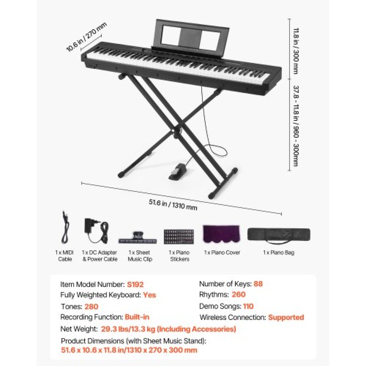 VEVOR Weighted Digital Piano, 88 Πλήκτρα Πλήρως Ζυγισμένο, Ηλεκτρικό Πιάνο Διπλό Πληκτρολόγιο & Ηχεία με X Stand, Sustain Pedal, Λειτουργία εγγραφής, 280 τόνους, Ασύρματη σύνδεση, για αρχάριους, Μαύρο