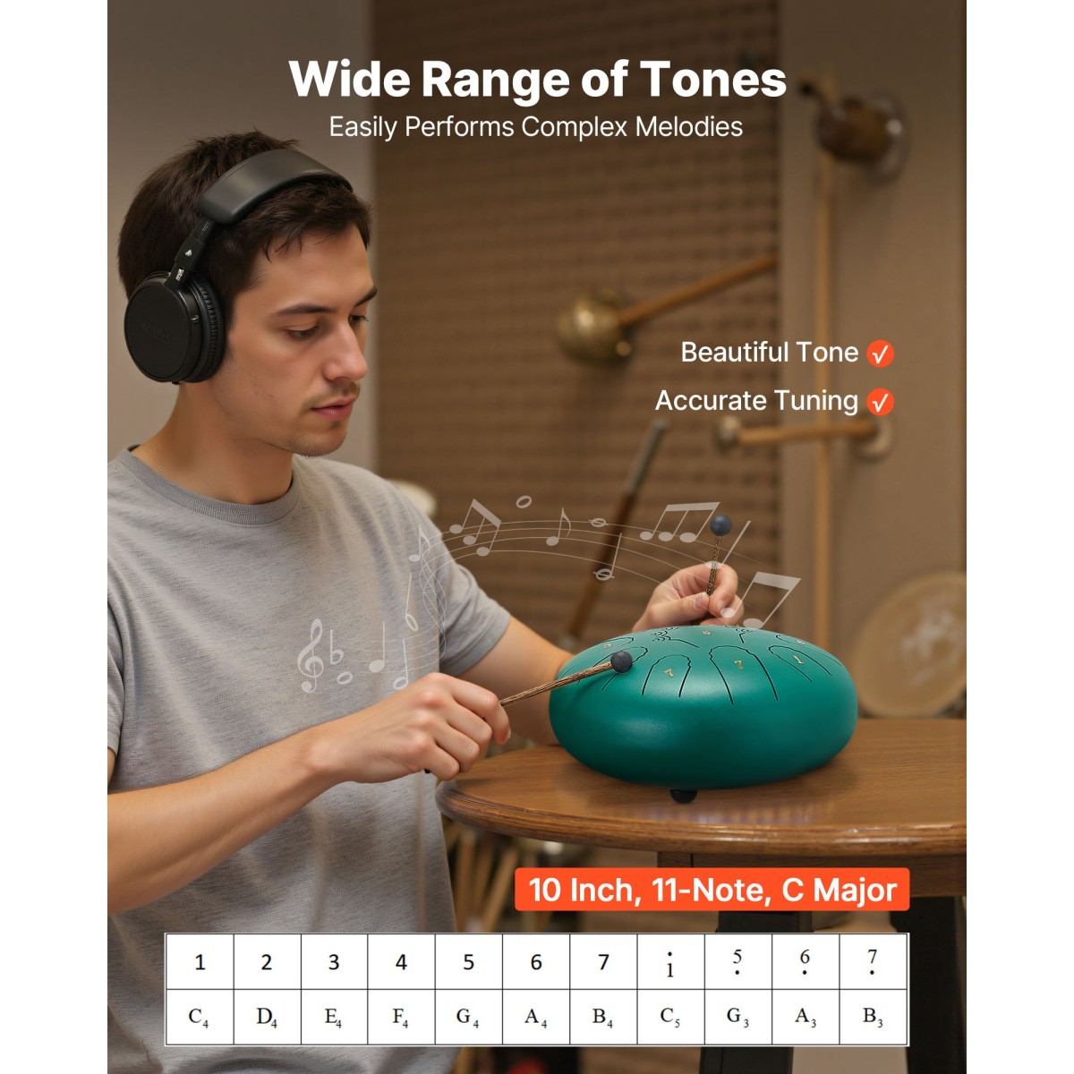 VEVOR Steel Tongue Drum, 25,4cm 11 Notes Rain Drum for Outside Garden, C Major Musical Drums with Music Book & Mallets, Percussion Instrument for Meditation Yoga Beginner Musical Education, Green