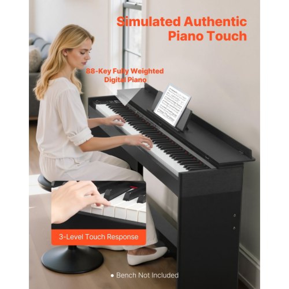 VEVOR Weighted Digital Piano, 88 Keys Fully Weighted, Electric Piano Keyboard with Furniture Stand, Power Adapter, Triple Pedal, 680 Tones, Support Wireless Connection, with Headphones, for Beginners