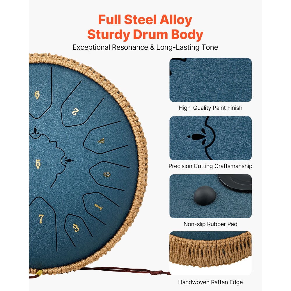 VEVOR Steel Tongue Drum, 30,5cm 13 Notes Rain Drum for Outside Garden, C Major Musical Drums with Music Book & Mallets, Percussion Instrument for Meditation Yoga Beginner Musical Education, Navy Blue