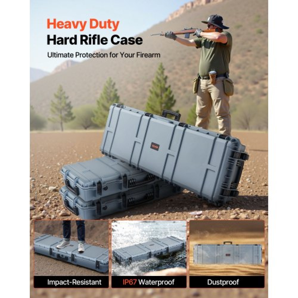 VEVOR Hard Rifle Case, Lockable Rifle Case with Pre-cut Foams, 1320 mm Gun Storage with Wheels, Heavy Duty IP67 Waterproof & Dustproof Pistol Storage Cases for Rifles, Shotguns, Airsoft Guns, Grey