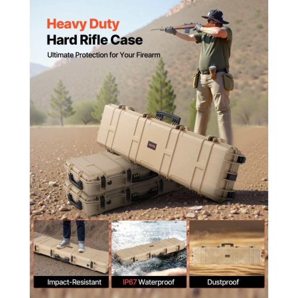 VEVOR Hard Rifle Case, Lockable Rifle Case with Pre-cut Foams, 1270 mm Movable Gun Storage with Wheels, IP67 Waterproof & Dustproof Pistol Storage for Rifle, Shotgun, Airsoft Gun, Khaki