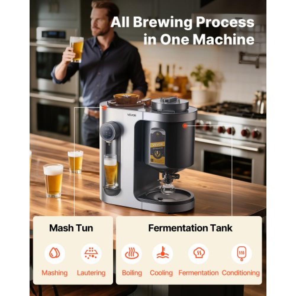 VEVOR Automatic Home Beer Brewer, 1500W Electric Beer Brewing Machine, 13L All-in-One Home Brewer with Mash Boil Device, 304 Inox Inless Steel Internal tank, Auto Control Temperature & Pressure