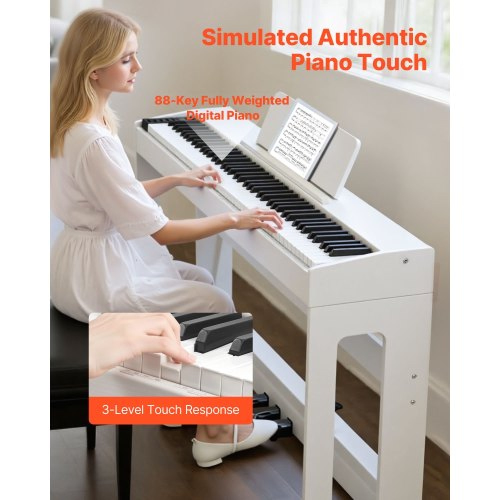 VEVOR Weighted Digital Piano, 88 Keys Fully Weighted, Electric Piano Keyboard with Furniture Stand, Power Adapter, Triple Pedal, Record Function, 280 Tones, Wireless Connection, for Beginners, White