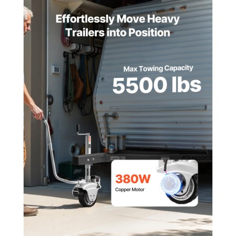 VEVOR Electric Trailer Dolly, 2,5 T Ρυμουλκούμενη ικανότητα, 380W 12V Μηχανοκίνητος τροχός Jockey με 7 m/min Ταχύτητα κίνησης, 31-63 cm Ρυθμιζόμενο ύψος σφιγκτήρα & 20,3 cm ελαστικό από καουτσούκ, Για κινούμενο τροχόσπιτο