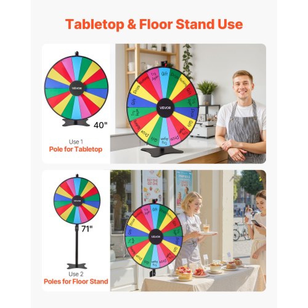 VEVOR 914 mm Spinning Prize Wheel, 18 Slots Spinning Wheel with Stand, Adjustable Height Win Fortune Roulette with a Dry Erase and 2 Markers, 6 Colors, Easy Assembly, for Party Pub Trade Show Carnival