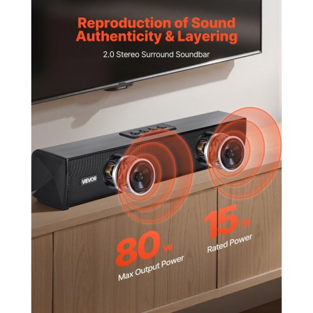 VEVOR Soundbar για Smart TV, 2.0 κανάλια, 450 mm Compact Soundbar Ηχεία τηλεόρασης για προβολέα, Σύνδεση Bluetooth AUX, Τηλεχειριστήριο, Εύκολη εγκατάσταση, Σύστημα ήχου Surround 80W για Ήχος Home Theatre Η/Υ