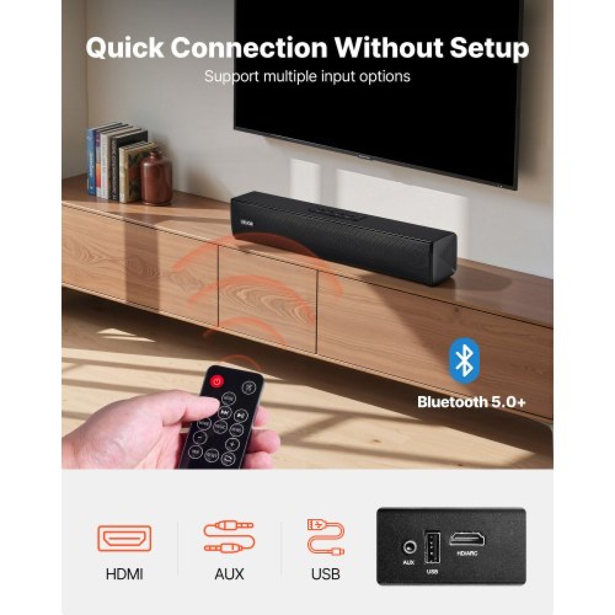 VEVOR Soundbar για Smart TV, 2.0 κανάλια, 450 mm Compact Soundbar Ηχεία τηλεόρασης για προβολέα, Σύνδεση Bluetooth AUX, Τηλεχειριστήριο, Εύκολη εγκατάσταση, Σύστημα ήχου Surround 80W για Ήχος Home Theatre Η/Υ