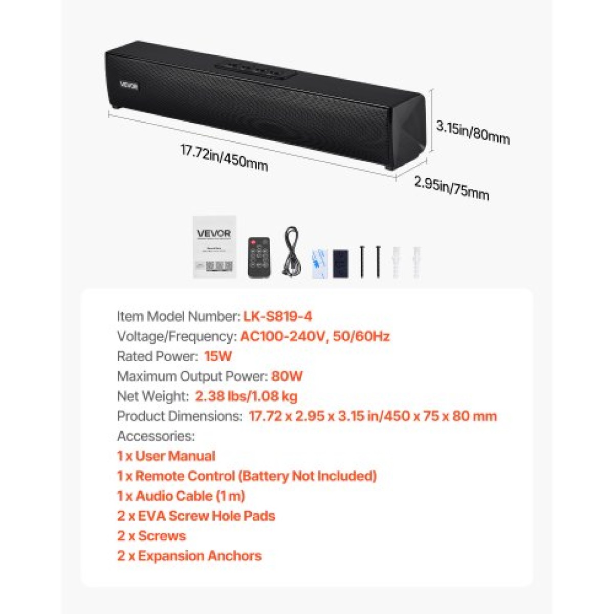 VEVOR Soundbar για Smart TV, 2.0 κανάλια, 450 mm Compact Soundbar Ηχεία τηλεόρασης για προβολέα, Σύνδεση Bluetooth AUX, Τηλεχειριστήριο, Εύκολη εγκατάσταση, Σύστημα ήχου Surround 80W για Ήχος Home Theatre Η/Υ